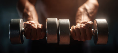 Close-up of hands gripping shiny dumbbells, captured with cinematic lighting. The image emphasizes health, strength, and a positive, realistic tone.の素材
