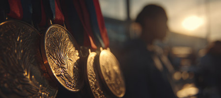Macro shot capturing medals reflecting sunlight, with a team in the background. The image features cinematic shallow focus, warm detailed realism, and an emotional tone.の素材