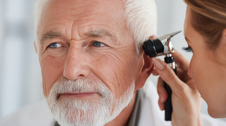 A senior European man with white hair and beard is receiving an ear examination from a female doctor using an otoscope in a sterile clinic setting, conveying a precise and caring mood.の素材