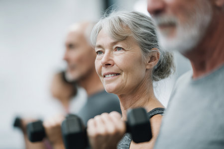 Older adults participate in a light dumbbell workout, captured in cinematic style with clean, bright tones. The image conveys emotional energy and a healthy lifestyle focus.の素材