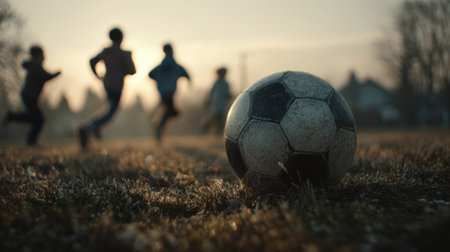 Cinematic macro shot of a soccer ball on grass with blurred children running in the background. Captures a storytelling sports tone with warm lighting, evoking a sense of play and energy.の素材