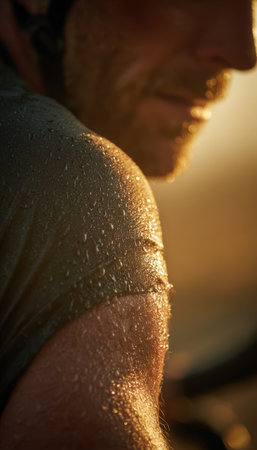 Macro shot of a cyclist's arm glistening with sweat in golden sunlight, capturing the essence of physical effort and adventure in a cinematic, storytelling style.の素材