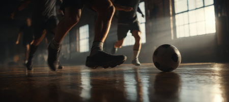 Dramatic low angle shot capturing soccer players' legs and a ball in motion. The image features realistic gym lighting and a dynamic perspective, emphasizing movement and energy.の素材