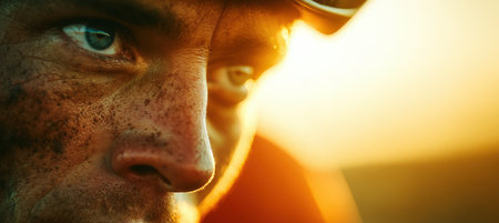 Close-up image of a road cyclist with intense focus, set against a glowing golden landscape. The shallow depth of field enhances the cinematic realism of this outdoor adventure scene.の素材