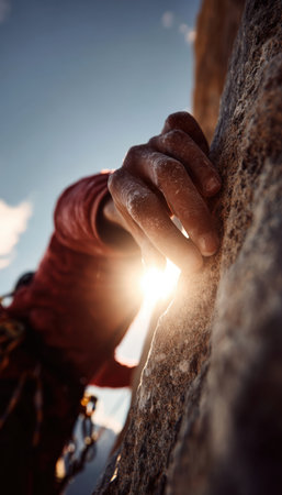 A climber's hand reaches to assist a partner, with sunlight flaring in the background. This close-up captures the essence of teamwork and adventure in a realistic outdoor setting.の素材