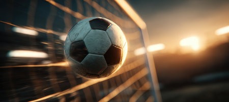 A soccer ball captured in motion blur as it flies toward the goal, showcasing dynamic perspective and warm lighting. The image conveys cinematic storytelling energy.の素材