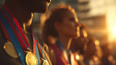 Athletes proudly display their medals after a competition, basking in golden sunlight. The cinematic tone and blurred background enhance the emotional energy of the moment.の素材