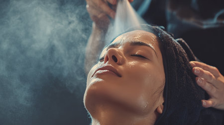 A young woman enjoys a hydrotherapy spray facial at a beauty salon. Her eyes are closed, exuding calm and relaxation, while a spa professional in a black uniform is blurred in the background.の素材