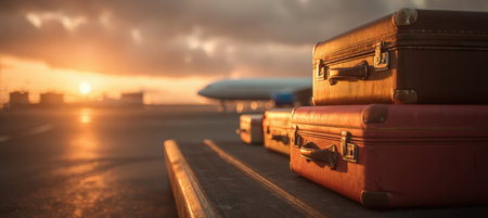 Close-up of suitcases on an airport runway reflecting sunrise light, with a blurred airplane in the background. The image captures natural tones and evokes a sense of travel adventure.の素材