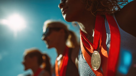 A row of athletes joyfully display their medals with red ribbons glistening under the sun, capturing a cinematic documentary sports moment of celebration and achievement.の素材
