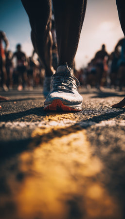 Close-up image of a runner's feet poised at the starting line, capturing cinematic anticipation and focus. The golden natural lighting enhances the macro storytelling style.の素材