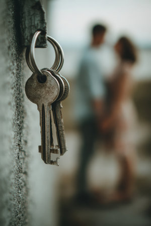 Close-up of keys in sharp focus with a blurred couple smiling in the background, creating a cinematic and symbolic storytelling effect in a minimalist, clean tone.の素材
