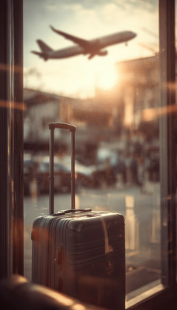 Close-up of a modern suitcase by an airport window with an airplane visible through the glass. The image features a cinematic depth and warm tones, capturing the essence of travel.の素材