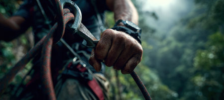 Macro shot of hands gripping a zipline harness, showcasing detailed textures and cinematic realism. The lush green background adds a sense of adventure and exploration.の素材