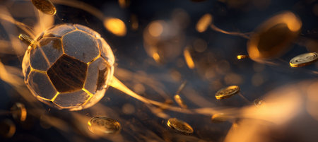 Abstract digital art featuring a glowing soccer ball surrounded by falling gold coins. The composition is enhanced with cinematic lighting and a modern artistic tone.の素材