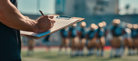 A detailed close-up of a coach's hands holding a clipboard with a game plan, set against a blurred background of a sports team training. Captured in a documentary macro sports style.の素材