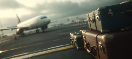 Detailed shot of luggage near the runway edge with an airplane taxiing in the background. The image captures a cinematic, realistic travel vibe with soft tones and anticipation.の素材
