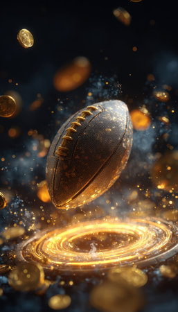 A football emerges from a holographic device surrounded by energy particles and glowing gold coins, showcasing cinematic futuristic realism in high-quality rendering.の素材