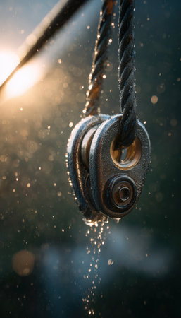 Macro shot of a zipline pulley glistening with water droplets in sunlight. The cinematic tones highlight the adventure and detail in this captivating outdoor scene.の素材