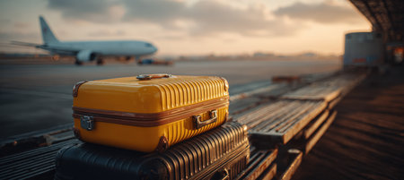 Close-up of a yellow suitcase placed on a black one near an airport runway. The background features a softly blurred airplane, with cinematic lighting and shallow focus.の素材