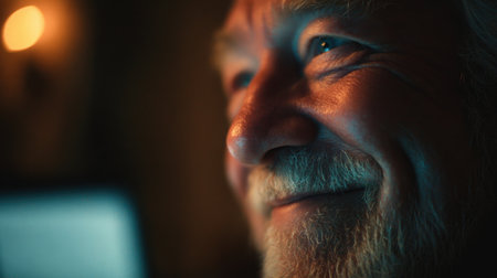 Close-up of an elderly man's joyful face illuminated by screen light, with a blurred background. The image captures cinematic emotional realism with warm tones and a serene expression.の素材