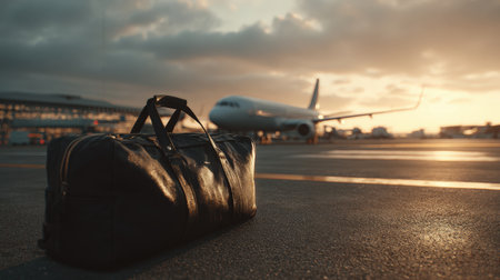 A single travel bag sits on the airport runway in the foreground, with an airplane ready for boarding in the background. The scene is bathed in warm, cinematic light, evoking travel anticipation.の素材