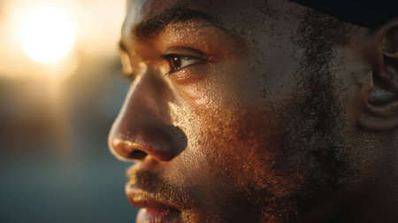 Close-up side view of a runner's profile illuminated by the morning sun. The image captures detailed lighting and natural tones, creating a cinematic sports portrait.の素材