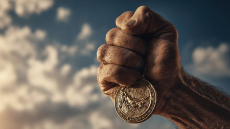A close-up of an athlete's hand tightly gripping a medal under a bright sky, capturing a sense of triumph and warmth. The image showcases detailed textures and a cinematic perspective.の素材