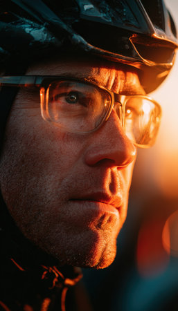 Close-up portrait of a cyclist under warm evening light, showcasing cinematic realism. The helmet and glasses reflect the sun, capturing the essence of outdoor storytelling.の素材