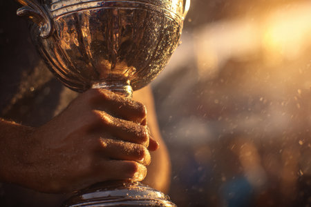 Close-up image of hands holding a championship trophy, with gleaming metal reflecting sunlight. The warm tones and cinematic energy capture the essence of victory and celebration.の素材