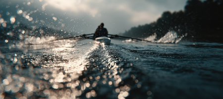 Dynamic view of a rowing team from boat level, capturing water droplets splashing toward the lens. The image features a cinematic sports perspective with natural light realism.の素材