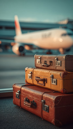 Close-up of vintage luggage stacked in front of a blurred airplane. Captured in soft natural light with balanced tones, evoking a sense of travel and adventure.の素材