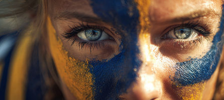 High-detail portrait of a sports fan with face painted in team colors, captured under golden sunlight. The image exudes cinematic energy and enthusiasm, highlighting the fan's passion.の素材