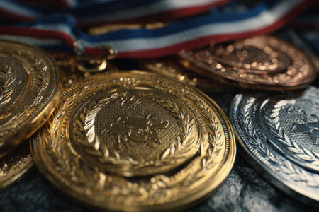 Close-up of gold and bronze medals with intricate details, captured in cinematic depth and natural lighting, symbolizing sports achievement and celebration.の素材