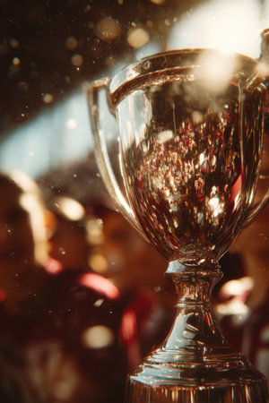 Macro photography of a polished trophy reflecting cheering faces, captured in a warm color palette with cinematic lighting, highlighting the excitement and celebration.の素材