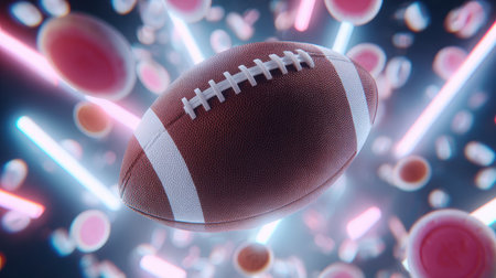 A football floats amidst tokens and chips in zero gravity, illuminated by neon lights. The scene captures a futuristic sports aesthetic with cinematic realism.の素材