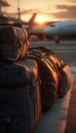 Cinematic close-up of travel bags on an airport tarmac during golden hour. The scene captures detailed realism with an airplane in the background, emphasizing a minimalist travel theme.の素材