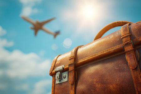 A cinematic scene featuring a vintage leather suitcase in focus, with an airplane soaring in the bright blue sky, capturing the essence of adventure travel and exploration.の素材
