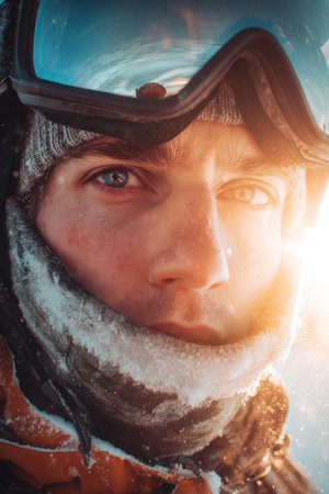 Close-up selfie of a snow sports enthusiast with sunlight flaring behind, capturing the essence of a joyful winter adventure. The image showcases a cinematic winter glow.の素材