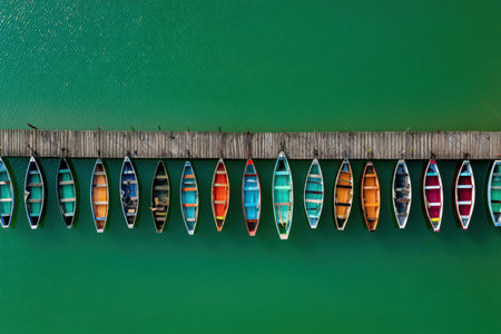 Aerial shot of colorful rowing boats arranged in geometric lines on a lake. The vibrant water and symmetrical composition create an artistic and abstract sports scene.の素材
