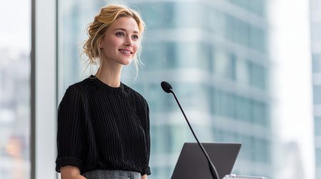 A young woman with blonde hair, wearing a black blouse and grey skirt, speaks confidently at a podium with a laptop in a modern conference room with glass walls.の素材