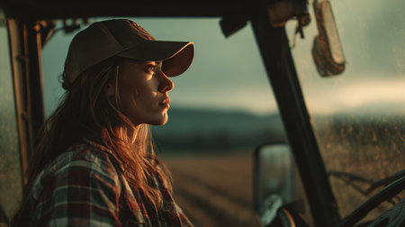 A woman in a plaid shirt and baseball cap steers a tractor through farmland at sunset. The warm tones and cinematic mood capture the serene beauty of the countryside.の素材