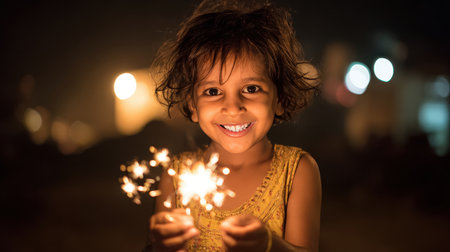 A joyful child holds a sparkler, their smile illuminated by golden light during a Diwali evening. This candid and emotional photograph captures the festive spirit and warmth of the celebration.の素材