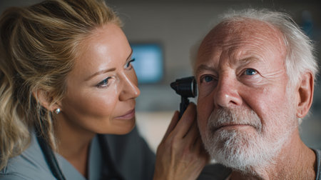 A female medical professional with blonde hair performs an otoscopy on an older man in a sterile ENT clinic. The setting features soft lighting and a focused, documentary style.の素材