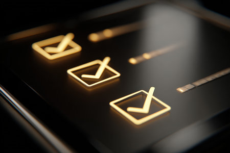 Cinematic macro shot of glowing checklist icons on a digital tablet. This minimalistic composition symbolizes productivity and success in a modern digital context.の素材