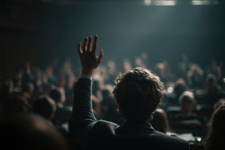 A student raises their hand to challenge an idea during a university lecture. The scene captures intellectual engagement and cinematic storytelling realism in an academic setting.の素材