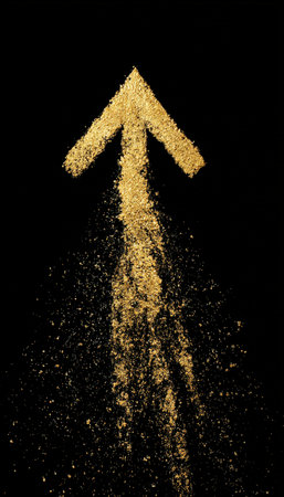 Minimalist image of an upward golden arrow drawn in the air against a black background, representing success and ambition. The design conveys a sense of growth and achievement.の素材
