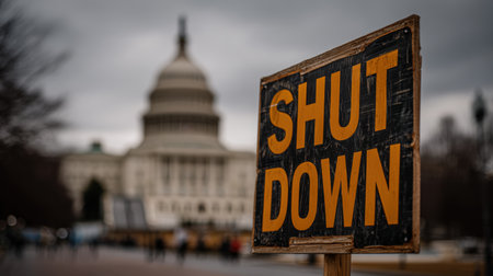 A protest sign reading "SHUT DOWN" stands prominently with the blurred U.S. Capitol in the background. The overcast sky adds a dramatic tone, symbolizing political unrest.の素材