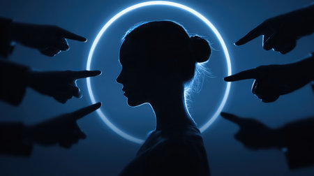 A woman's profile in shadow is illuminated by a blue halo, with multiple hands pointing towards her. This cinematic composition symbolizes social pressure and judgment.の素材