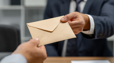 A businessman in a suit hands an envelope to another person, with a blurred office chair in the background. This image symbolizes official paperwork or agreements in a workplace setting.の素材